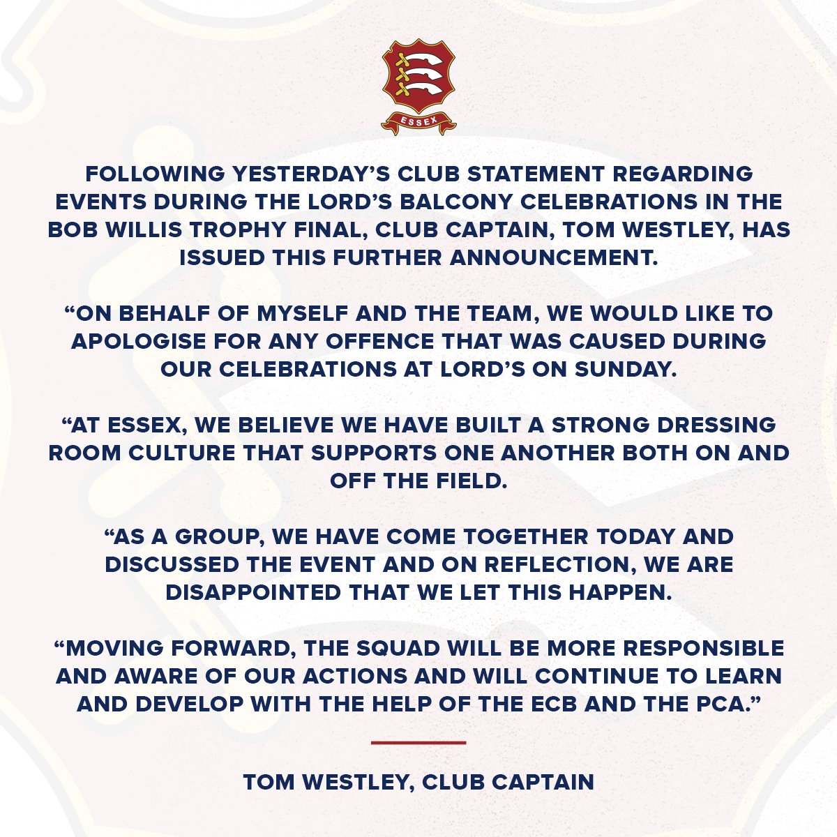 Essex Cricket on Twitter: Club Captain, Tom Westley, has issued