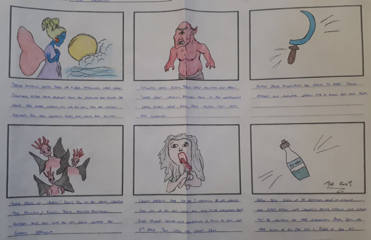 MsLynch12's tweet image. TY Classical Studies students @FingalCC exploring the origin and the nature of the ancient Greek world through mythology. So impressed by the storyboards they created re-telling the Creation Myth in their own words. #classicalstudies #histedchatie