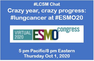 #LCSM Chat Topic 10/01/2020: Crazy year, crazy progress–#lungcancer at #ESMO20. Join moderator <a href="/BrendonStilesMD/">Brendon Stiles</a> as we recap this important conference. Read more here: lcsmchat.com/2020/09/28/lcs… #hcsm