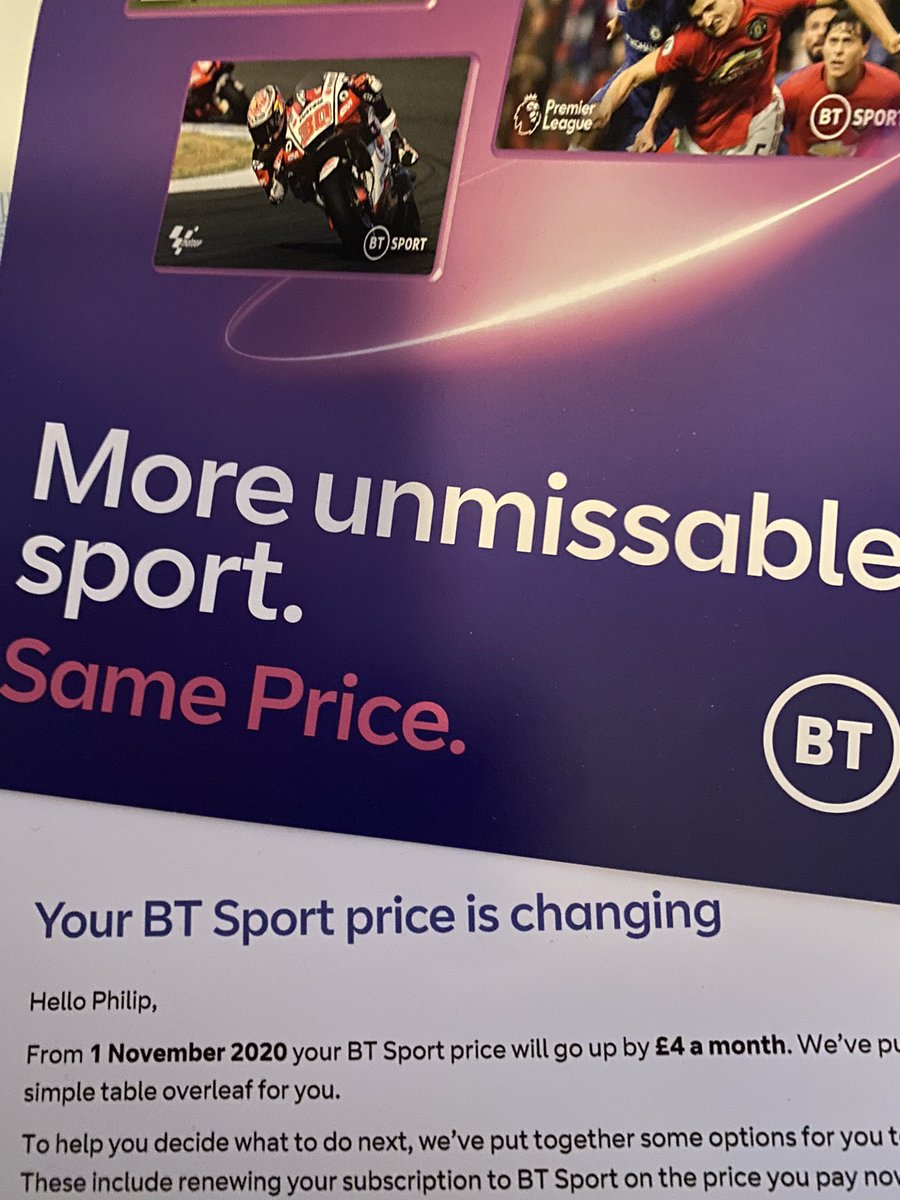 PhilB1883's tweet image. Well done to the @btsport marketing dept. Got these two in the same envelope today. More unmissable sport #SamePrice My BT Sport package #PriceGoingUp  🙈 🤷‍♂️🙄