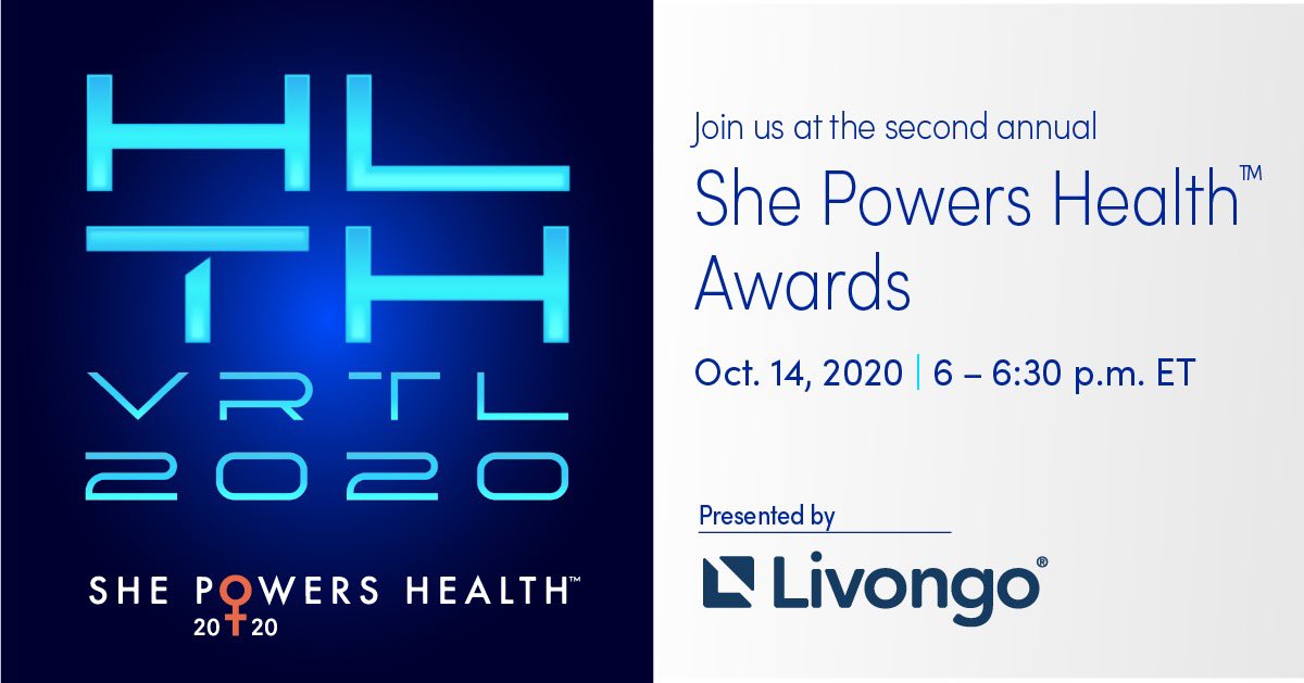 HLTHEVENT's tweet image. The @Livongo She Powers Health award nominations close this Friday, 10/2! Recognize a member of the health industry and join us Wednesday, 10/14 as the winners are announced at HLTH VRTL during the Women @ HLTH Program. livongo.com/shepowershealt… #HLTH2020