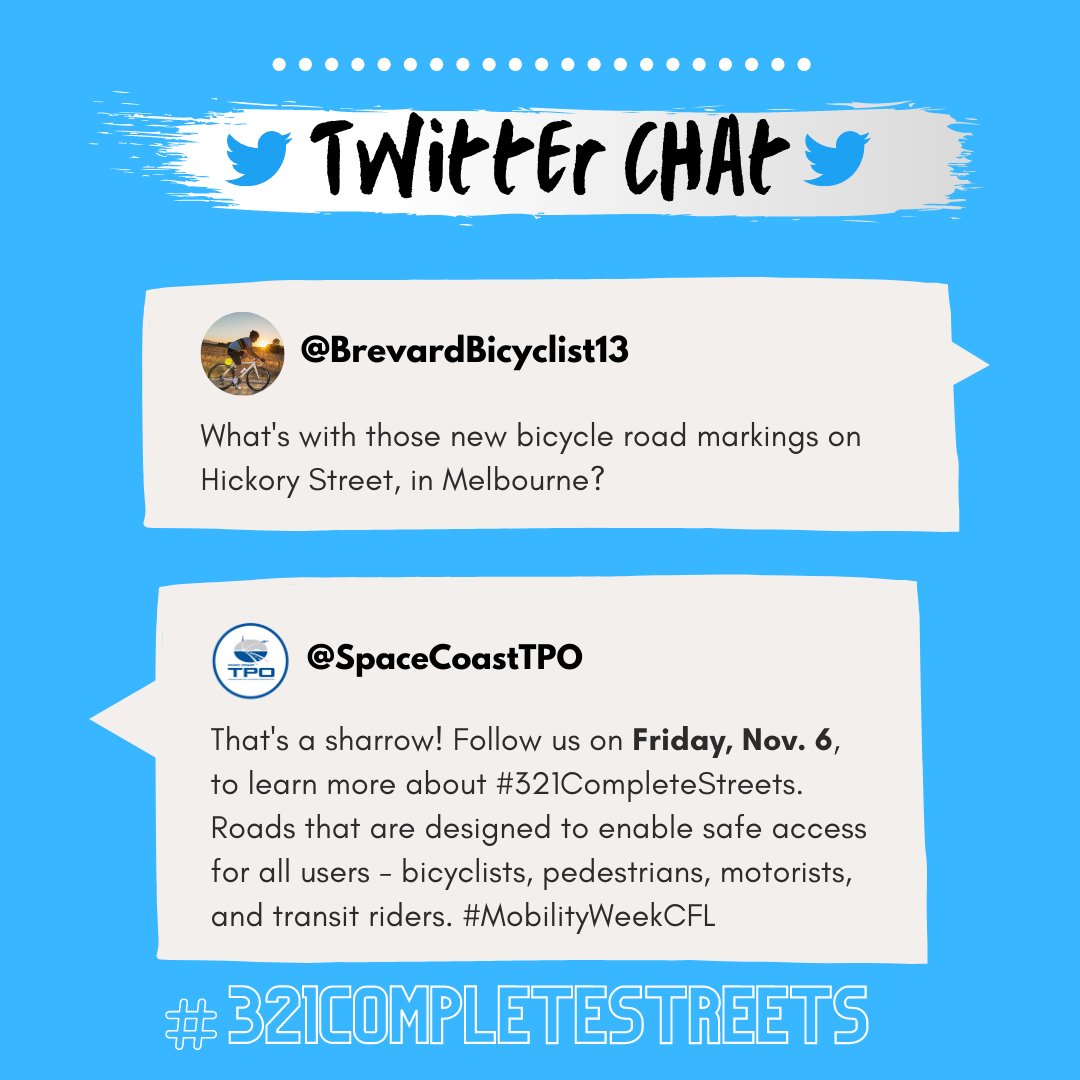 SpaceCoastTPO's tweet photo. Follow @SpaceCoastTPO on 11/6/20 all day, during our #321CompleteStreets Twitter Chat, as we discuss the benefits of Complete Streets and highlight some of our local projects. Learn more about whatβs happening in your community! πΆββοΈπ΄πππ©βπ¦½#MobilityWeekCFL https://t.co/38pmwwGfAE