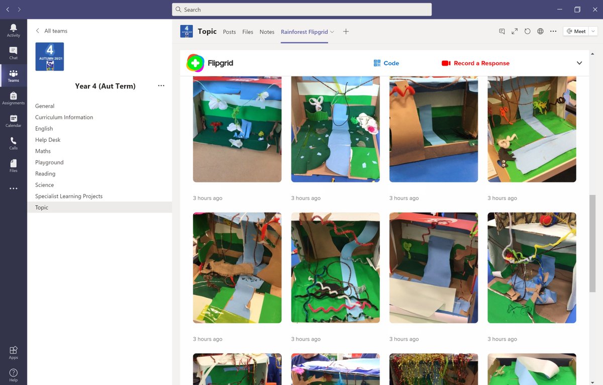 MowmacreHill's tweet photo. Year 4 were able to use Flipgrid through TEAMs today to share a finished picture and video of their Design Technology Rainforest Projects! An amazing and simple way to share their work virtually and to see all their hard work in one place! #TechToTeach https://t.co/cISayzF6d2