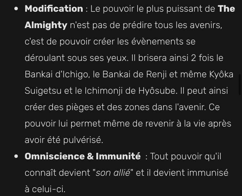 Exemple , 1/ Un immortel affronte Yhwach 2/ Yhwach voit et modifie le futur et tue celui ci 3/ vu que Yhwach peux créer des événements (même impossible) Eh bien dans ce futur la même un adversaire immortel meurt En plus d’être immunisé face au pouvoirs adverses