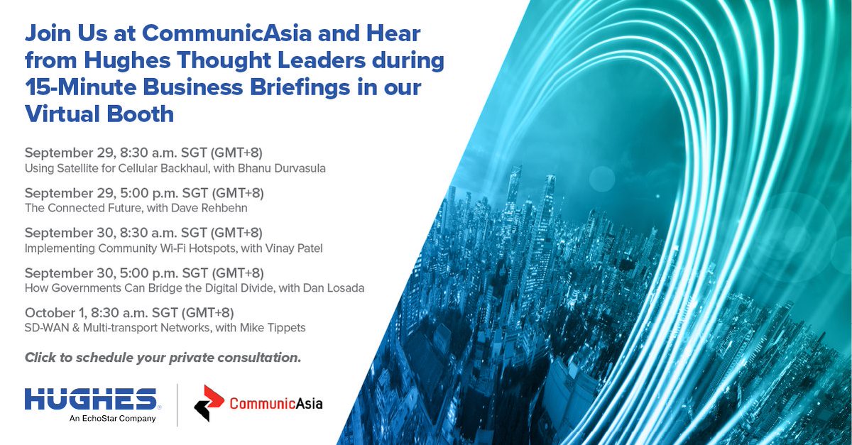 Hughes (@hughesconnects) on Twitter photo Join us at <a href="/communicasia/">CommunicAsia</a> this week! Our experts will be speaking all week at our Virtual Booth, or you can schedule a private consultation. Register here: connectechasia.com/communic-asia/ Join us at <a href="/communicasia/">CommunicAsia</a> this week! Our experts will be speaking all week at our Virtual Booth, or you can schedule a private consultation. Register here: connectechasia.com/communic-asia/