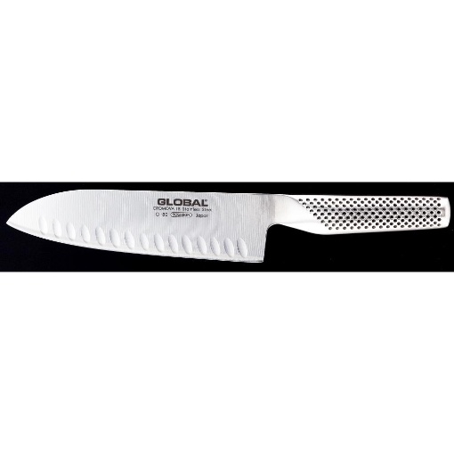 This is the Global Santoku 7 inch. Also pretty common in the industry. One of the sharpest chef knives at this price point (costs about R1400). It has a hollow handle, so it's light AF. Japanese made. For people who are fast with knives, needs a lot of TLC