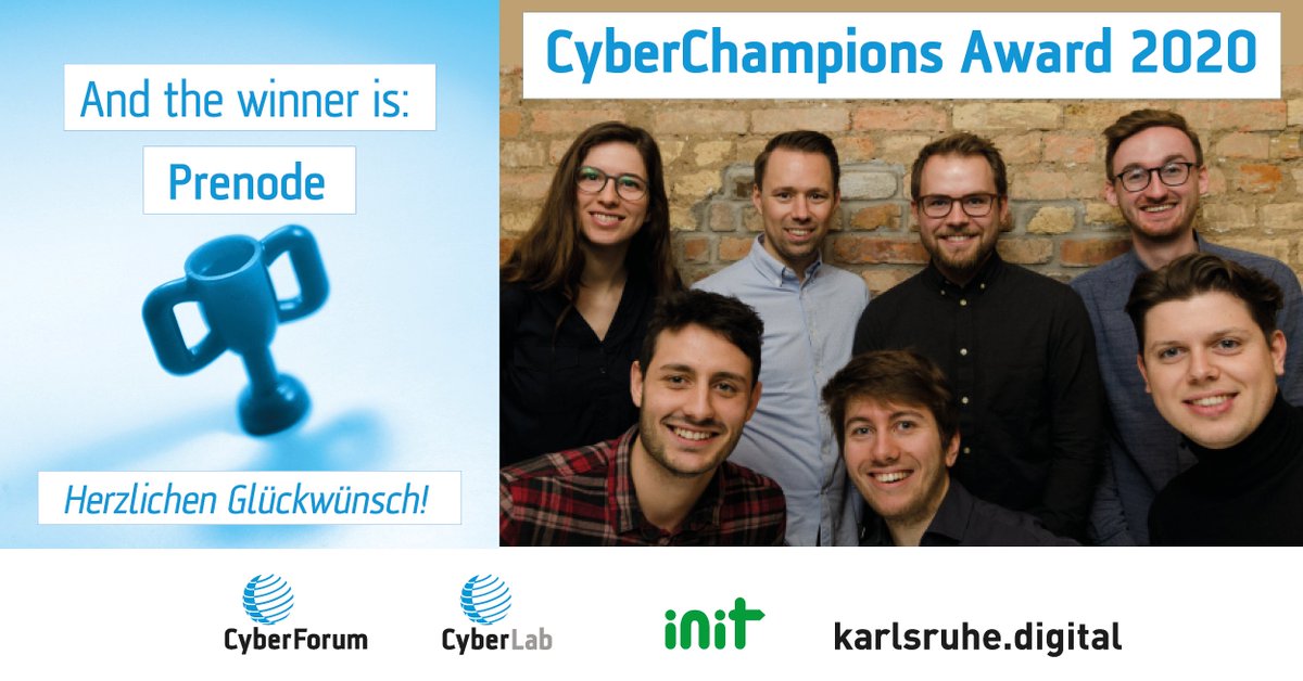 Gratulation an unser Startup <a href="/prenode_ai/">prenode</a> zum Sieg des CyberChampions Award 2020!
Glückwunsch auch an den 2. Platz <a href="/InfinityMaps/">Infinity Maps</a>  und den 3. Platz <a href="/ventecon1/">ventecon</a>   
Danke an alle Teams, der Jury, allen die abgestimmt haben sowie unserem Sponsor <a href="/INIT_de/">INIT Group</a> und Medienpartner <a href="/KA_digital/">karlsruhe.digital</a>