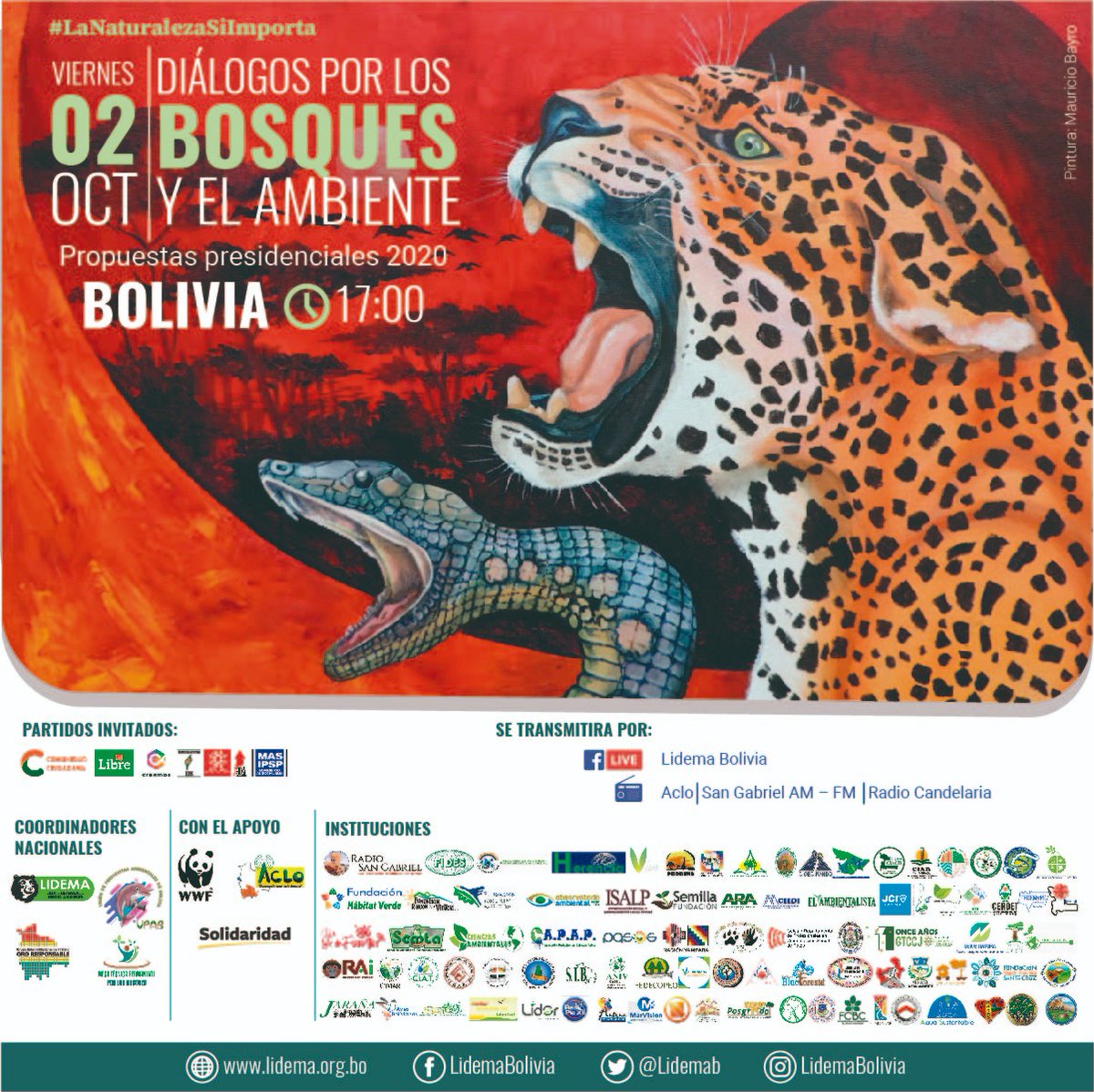 RaulAlbrecht's tweet photo. 📌Este 2 de octubre las fuerzas políticas presentarán sus propuestas sobre nuestro patrimonio natural.🌳

📜 Te invitamos a participar en el diálogo por los #bosques y el #ambiente en #Bolivia.🇧🇴

Conectate a https://t.co/HSkfTnjPUP

#LaNaturalezaSiImporta. #EleccionesBolivia2020 https://t.co/rCCvIb6e8V