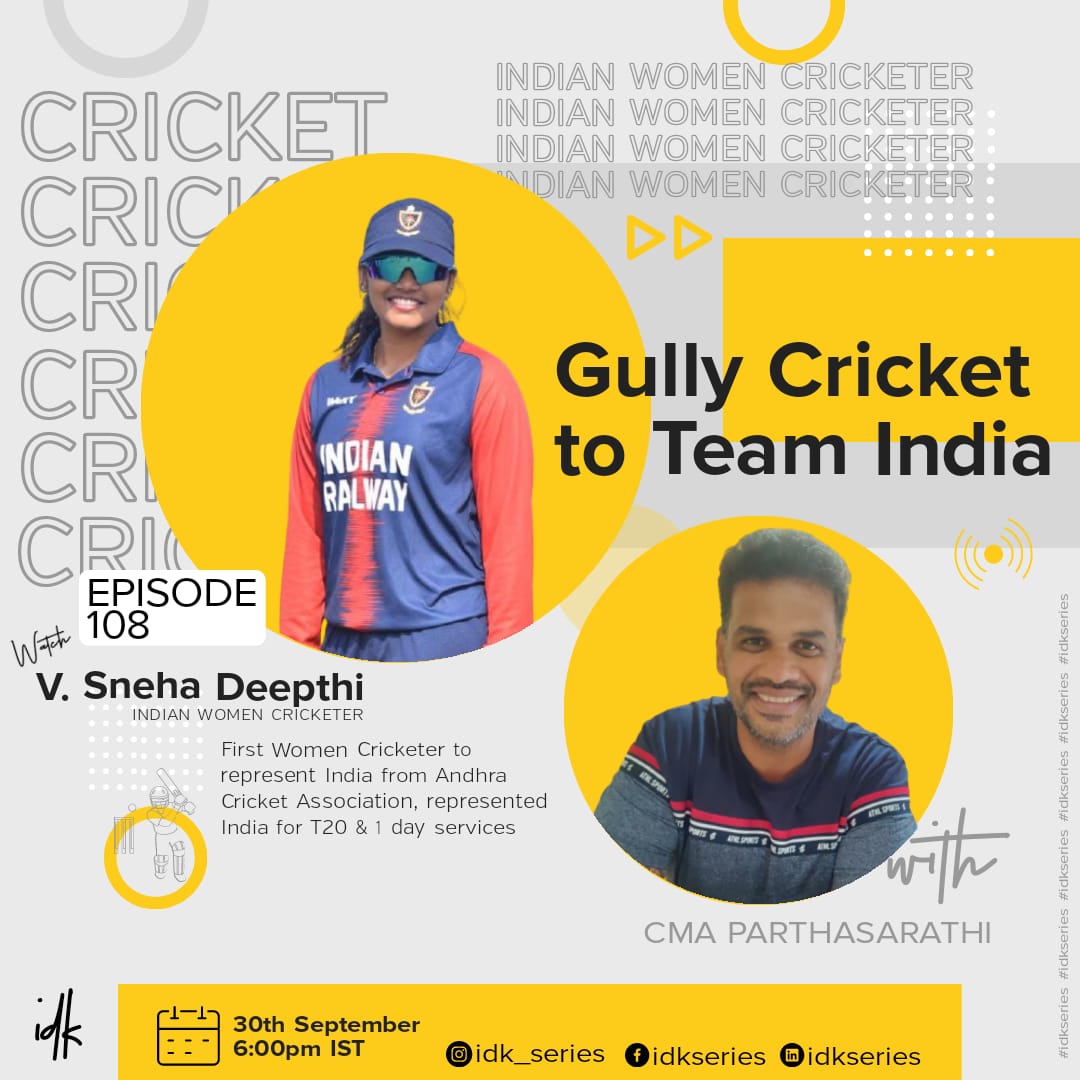 IdkSeries's tweet photo. Meet Miss. Sneha Deepthi - Indian Cricketer 
.
A few of her achievements are 

 Represented India for T20 and One day series in 2013 against Bangladesh.. (home series)

Catch us live this Wednesday at 6 pm to know more about her cricket journey @idk_series https://t.co/OC7XkrYZrY