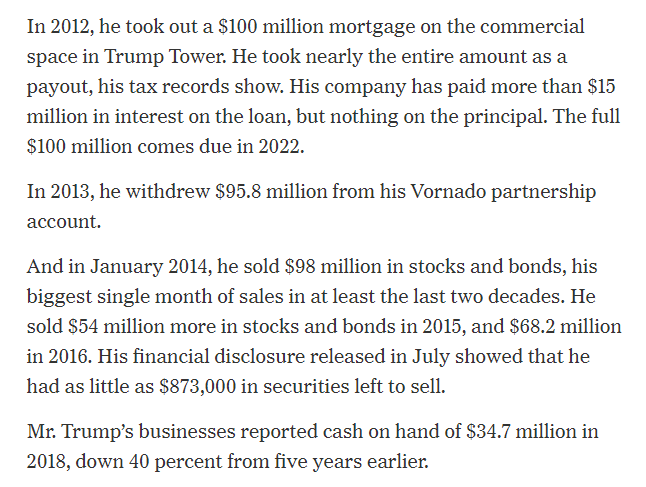 On the other hand, Wall Street is filled with foolish bankers who take absurd risks, because our system rewards them.And Trump has sources of cash, but some of them raise more questions: since 2014, he has liquidated >$220m in stocks and bonds, leaving him with <$1m left. /12