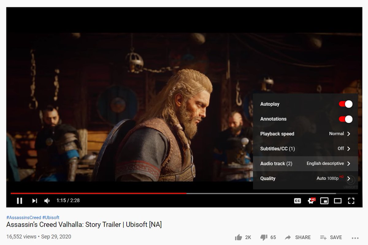 ianhamilton_'s tweet photo. Breaking news out of @GA_Conf, courtesy of @TisserandDavid! YouTube just added the ability to add multiple audio tracks, including audio description for blind viewers. The first video anywhere in the world to use this feature is the AC:Valhalla trailer ♥️
#accessibility #gamedev https://t.co/Iyg5FmtSFo