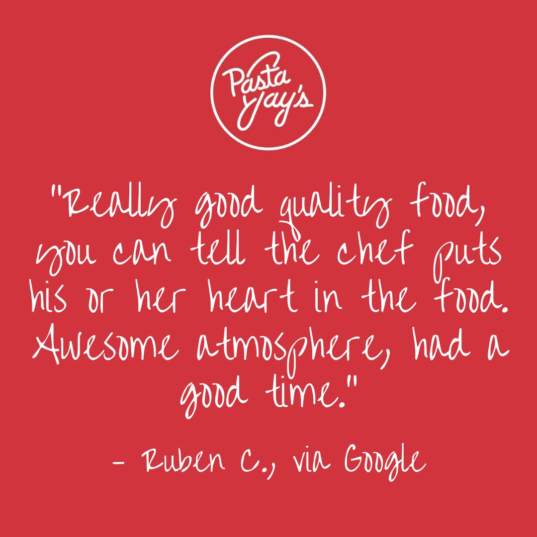 pastajays's tweet photo. Thanks, Ruben! We always aim to give you a great experience, and we love to hear your feedback. Leave us a review on Facebook or Google. #PastaJays https://t.co/xBhi7StkOV