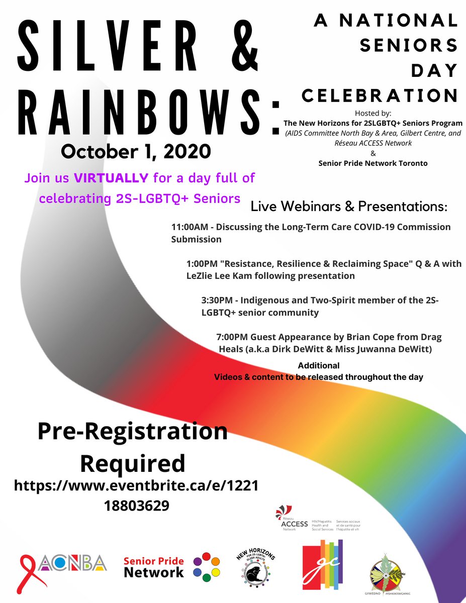 A National Seniors Day Celebration is hosted by the Senior Pride Network &amp; The New Horizons for 2S-LGBTQ+ Seniors Program on October 1st from 9:00am - 8:30pm EDT.
ow.ly/JLWK50BEe1S
