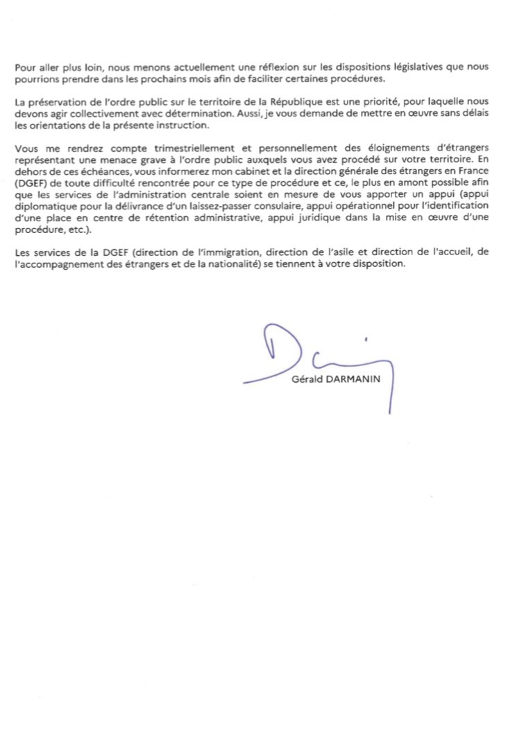 J’ai demandé aux préfets d’appliquer strictement la loi et de reconduire systématiquement dans leur pays les étrangers qui, par leurs agissements, constituent une menace grave pour l’ordre public.👇(1/2)