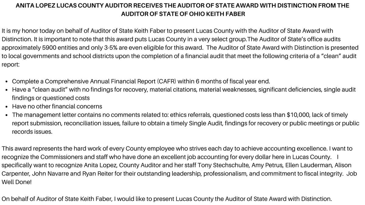 LucasCoAuditor's tweet photo. Thank you to the Auditor of the State, Keith Faber for acknowledging the hard work we do for Lucas County. #LucasCounty, #KeithFaber, #AuditoroftheState, #auditing, #Award, #ThankYou, #Team https://t.co/KvJw9ZHVQW