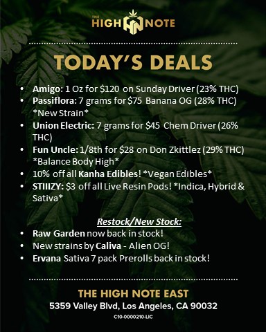 TheHighNoteCA's tweet photo. Tuesday deals are here! Enjoy great prices on @Amigocannabis #passiflora #UnionElectric #FunUncle @KanhaEdibles @stiiizy @_rawgarden @gocaliva @ErvanaCraft and more!

#Sale #DailyDeals #deals #promo #EastLa #CulverCity #thehighnote https://t.co/rFQm2PSKc4