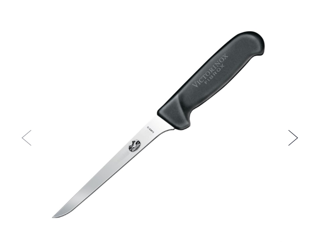 This is the boning knife. Distinct for its really thick handle and thick but pointy blade. It's designed to break bones and the tip is for that purpose...as well as cleaning flesh off bones when French trimming or deboning meat.  #LesFoodFacts