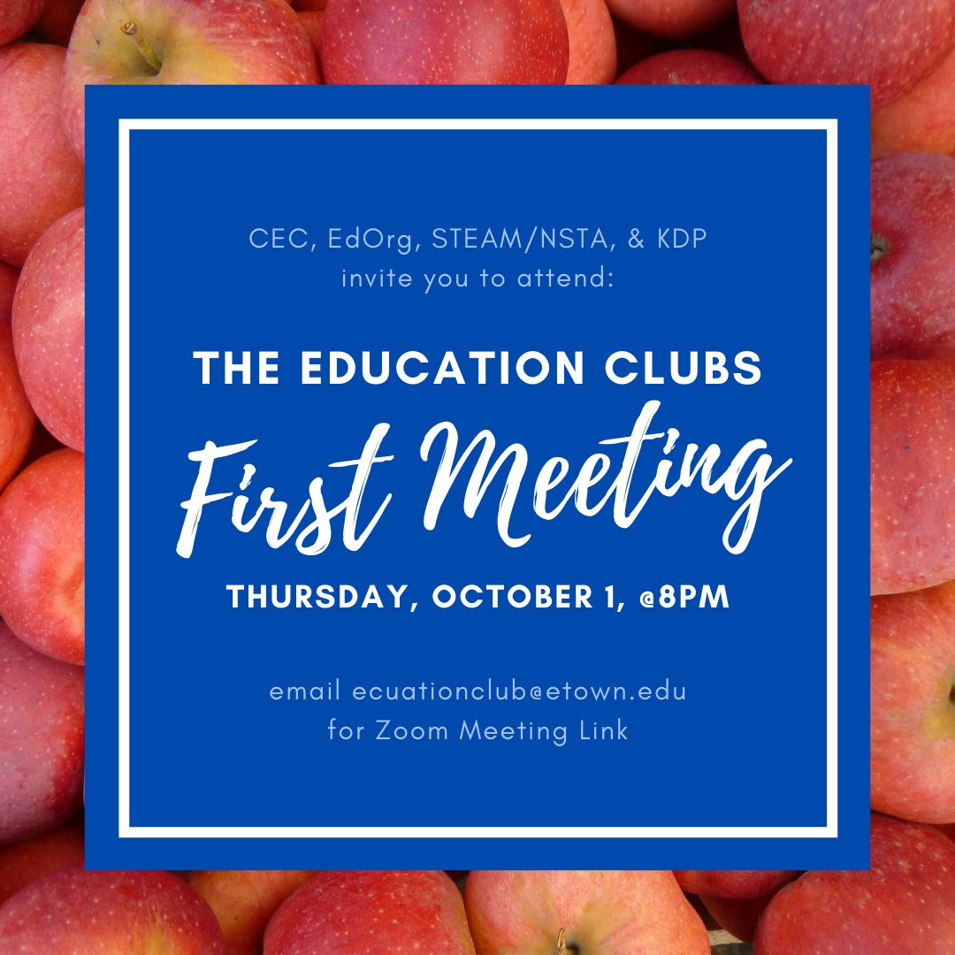 Mark your calendars and make sure you've got the Zoom Link! Come join us *through the screen* to hear more about each of the Education Department Clubs and how we're working together this year! #TheEducationClubs <a href="/EDDeptEtown/">Elizabethtown College Education Department</a> <a href="/EtownNSTA/">Elizabethtown NSTA</a> <a href="/CECetown/">CEC Etown</a> <a href="/EtownKDP/">Etown Kappa Delta Pi</a>