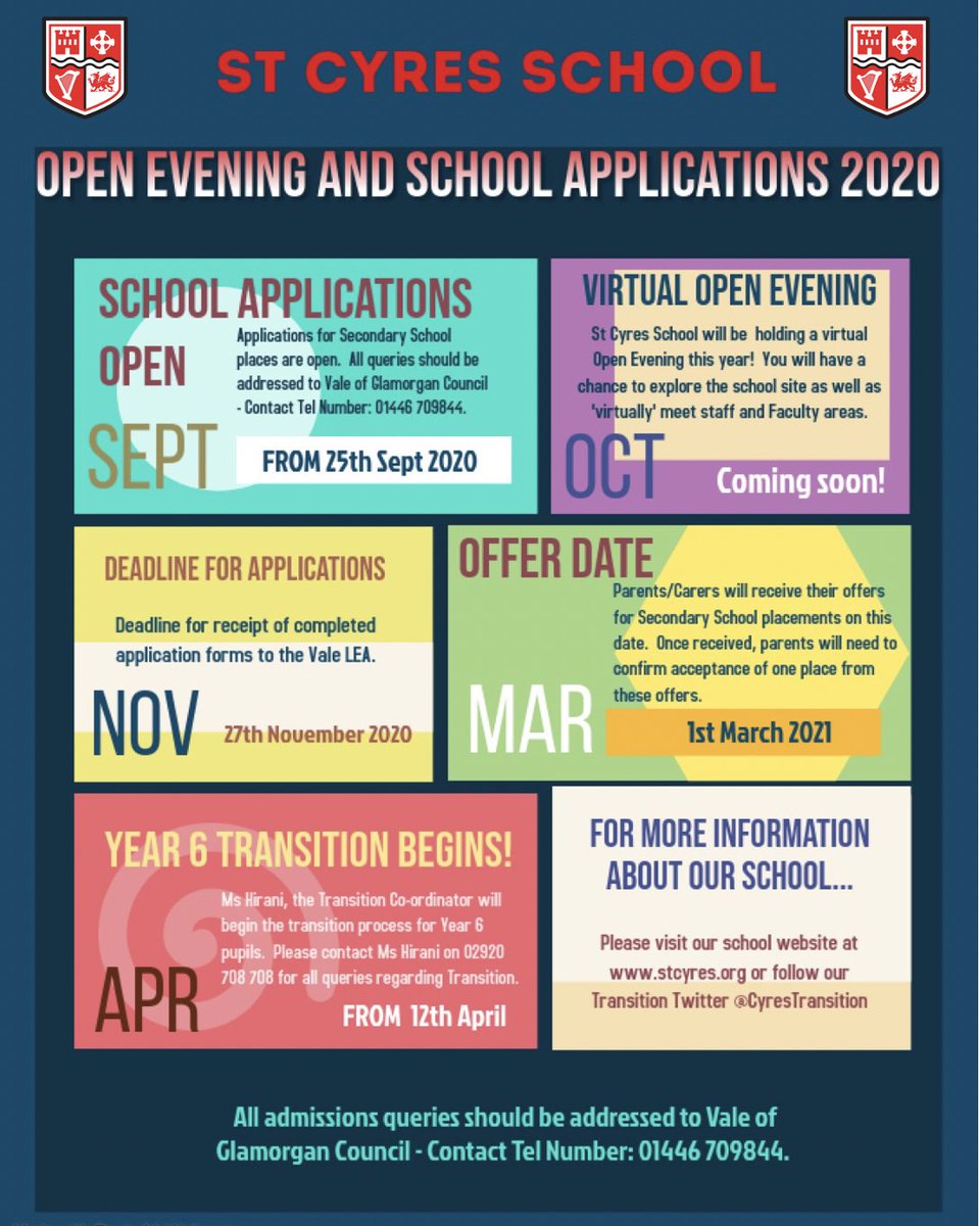 CyresTransition's tweet photo. Thinking of applying for a Year 7 place at St Cyres for 2021?  Please have a look at our information for Open Evening and the Admissions process for 2020-21.  @MsHiraniU @CoganPrimary @YsgolFairfield @DinasPowysPS @LlandoughSchool @standrewsmajor https://t.co/f55dkA0emp