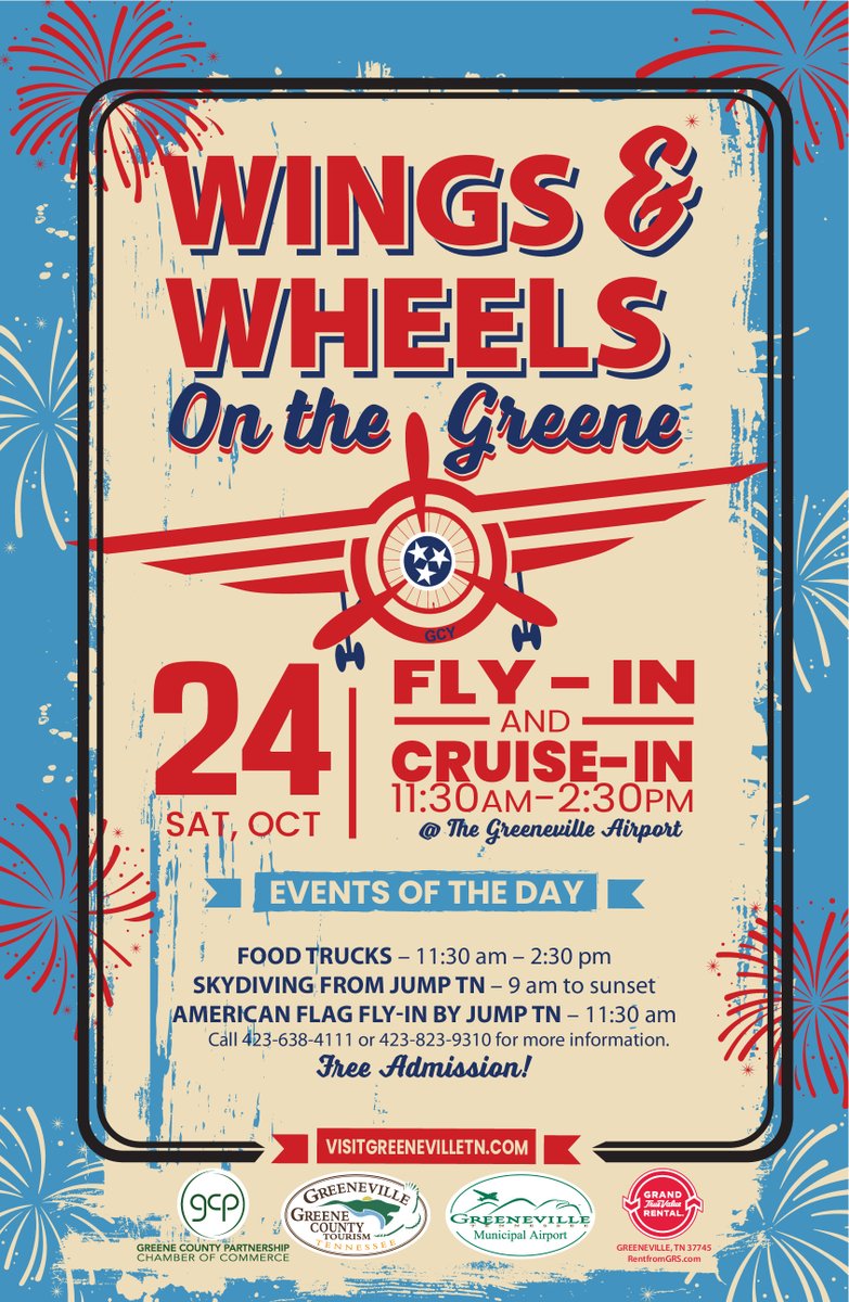 Planes and automobiles are coming to the Greeneville Municipal Airport Saturday, October 24,11:30-2:30.  The tarmac and hangars will be the locations for pilots from across the southeast to fly in and for cars of all makes and models to cruise in to celebrate and tourism.