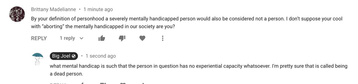 this is my least favorite anti abortion argument, because it has this woke veneer and youll sometimes see kinda woke people making it. there is no way to be ableist to a non-entity. there is no mental handicap such that the entity is braindead. that is literally called being dead