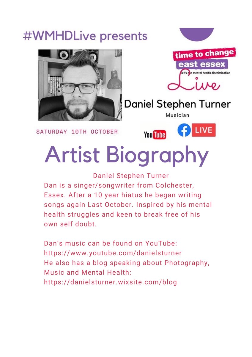 MarkDaleBas's tweet photo. We are proud to have one of our #EastEssex Champions doing a set so here is an artist biography of Mr Daniel Stephen Turner @DanielSTurner please join @EastTtc and Daniel This #WMHDLive on YouTube and Facebook Live https://t.co/021RdZrV1B