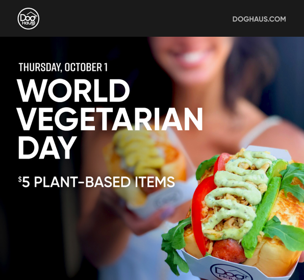 DogHausCJ's tweet photo. On October 1, get an @ImpossibleFoods Burger, @BeyondMeat Brat or Sooo Veggie in-store with app scan, or when your order pickup or delivery through the @DogHausDogs app, for only $5.00 at any of our participating locations.

CLAIM OFFER: https://t.co/4kEPDEhtoh https://t.co/ja2HhxpAAd
