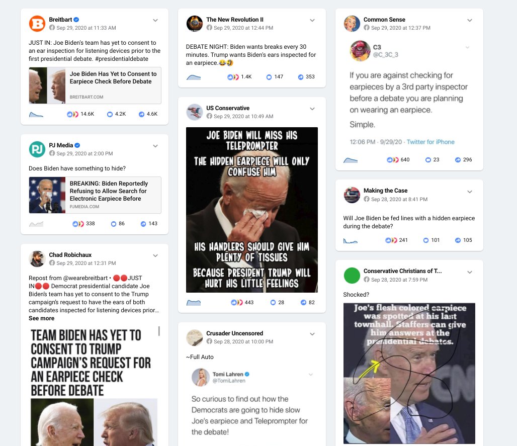 The Biden earpiece conspiracy theory (which originated in a tweet from a single anonymous source to a NYPost reporter, and was instantly denied by the campaign) is everywhere on Facebook. Absolutely everywhere.