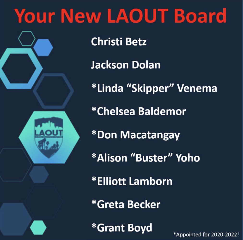 LAOUT is thrilled to announce our new board! With seven candidates and eight available spots on the board, we will no longer hold an election. Instead, the new board members have been appointed and will start their two year terms in October!