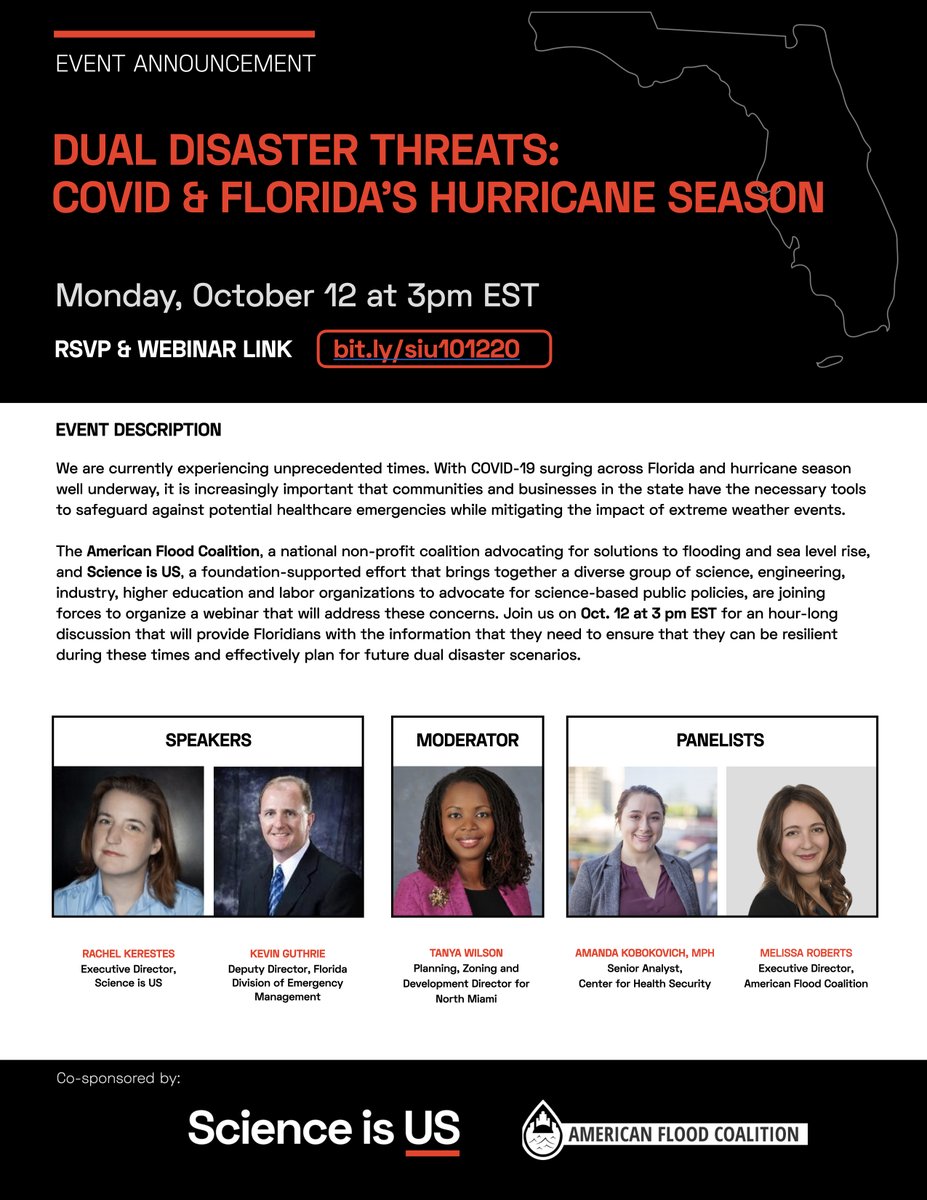 floodcoalition's tweet image. Join AFC and co-sponsor @Science_Is_US for a webinar, "Dual Disaster Threats: COVID &amp;amp; Florida’s Hurricane Season" on October 12 at 3pm ET. Register today and learn how communities can effectively plan for future #dualdisaster scenarios. bit.ly/3jfQJ4r