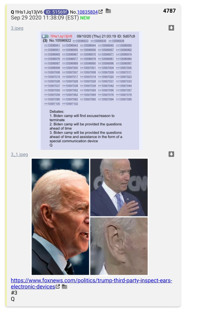 Q posted the earpiece conspiracy theory around 11:40 this morning.QAnon is turning into an aggregator for standard right-wing talking points, part of their new "camouflage" strategy to decouple conspiracy theories from Q.Hope you all like close-up pictures of a guy's ears.