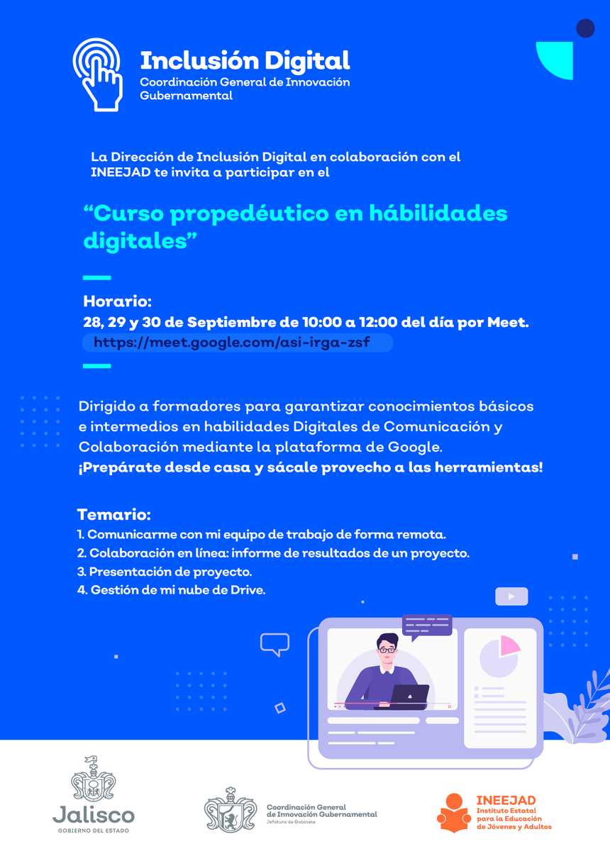 adryaceves's tweet photo. Comenzamos con la capacitación “Habilidades Digitales” a los instructores de INEEJAD, como futuros Formadores Digitales del Estado, buscamos reforzar el uso de las herramientas digitales y de las TIC´S, todo esto como parte del  “Programa básico de Inclusión Digital”@MarioArauzA https://t.co/VYs7h8fqlq