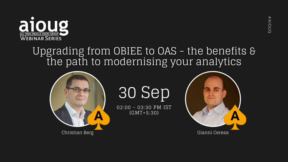All India Oracle Users Group (AIOUG) (@aioug) on Twitter photo Don't miss your chance to attend “Upgrading from OBIEE to OAS” by @Nephentur <a href="/G_Ceresa/">Gianni Ceresa</a> <a href="/OracleAnalytics/">Oracle Analytics</a> Register bit.ly/34bI1h8 <a href="/Oracle/">Oracle</a> <a href="/OracleDatabase/">Oracle Database</a> <a href="/OracleCloud/">Oracle Cloud</a> <a href="/OracleDevs/">Oracle Developers</a> <a href="/OracleNews/">Oracle News</a> <a href="/oracleace/">Oracle ACE Program</a> <a href="/groundbreakers/">groundbreakers</a> <a href="/oracleugs/">Oracle User Groups</a> #oracleusers #oraclecustomers Don't miss your chance to attend “Upgrading from OBIEE to OAS” by @Nephentur <a href="/G_Ceresa/">Gianni Ceresa</a> <a href="/OracleAnalytics/">Oracle Analytics</a> Register bit.ly/34bI1h8 <a href="/Oracle/">Oracle</a> <a href="/OracleDatabase/">Oracle Database</a> <a href="/OracleCloud/">Oracle Cloud</a> <a href="/OracleDevs/">Oracle Developers</a> <a href="/OracleNews/">Oracle News</a> <a href="/oracleace/">Oracle ACE Program</a> <a href="/groundbreakers/">groundbreakers</a> <a href="/oracleugs/">Oracle User Groups</a> #oracleusers #oraclecustomers