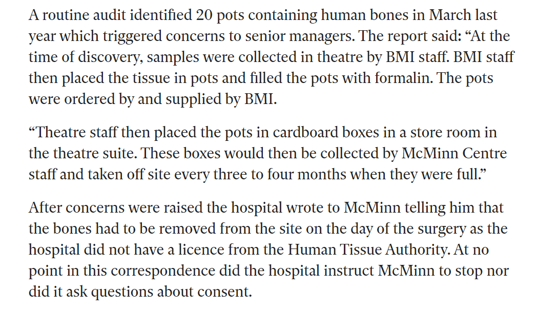 BMI Edgbaston Hospital staff would fill pots and hand them over to McMinn's staff....every three to four months....The last paragraph of this...