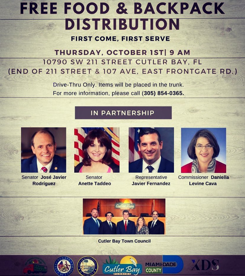 Free food distribution in Miami Dade County. Please share with everyone you may know. Thank you to @josejavierjjr @annette_taddeo @electjavier @dlcava
.
.
.
.
.
#togetherwecan #freefooddistribution #freedood #nonprofit #miamidadecounty #probation #stateattorneysoffice https://t.co/u3OLEJUjde