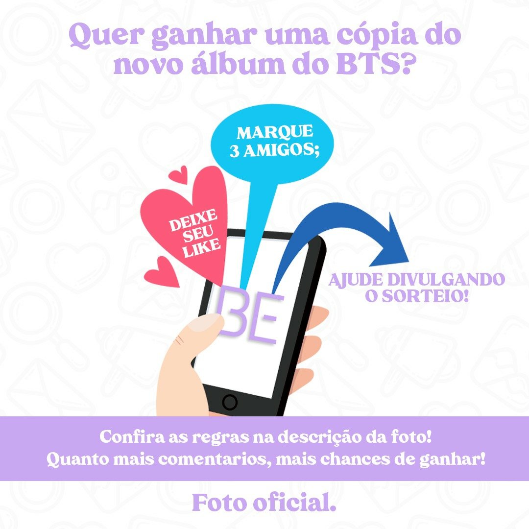btsuniversebr's tweet photo. #SORTEIO | Quer ganhar o novo álbum "BE (Deluxe Edition)" do @BTS_twt? 

Como participar:
— Siga a @ldolFreak, @RisaAkiyama e @btsuniversebr
— Dê rt, fav e marque 3 contas nesse post
— Participe do sorteio pelo Instagram e tenha mais chances de ganhar!

Boa sorte 💜
#BTS #BTS_BE https://t.co/mD8R9Pe4ln