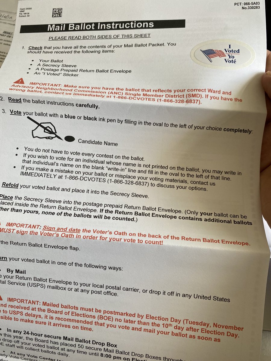 And the reports have proven to be true... my wife just got her D.C. ballot in the mail. Comes with instructions and an “I Voted” sticker, a ballot, a secrecy sleeve, and the outer envelope the voter has to sign.