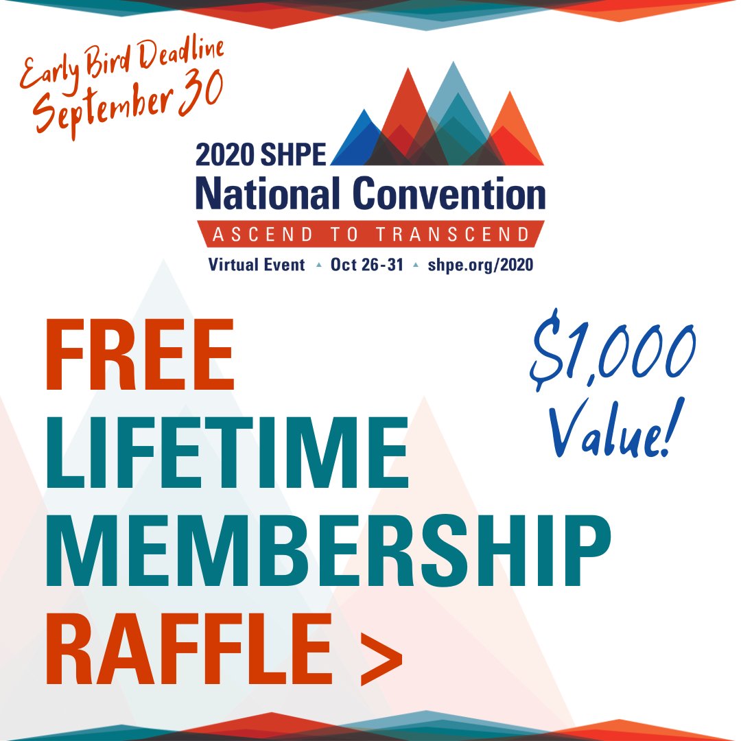 SHPE's tweet image. Deadline Tomorrow! WIN A FREE LIFETIME MEMBERSHIP ($1,000 value)! Why wait? Make a worthwhile investment in your #STEM career by registering for the #SHPE2020 Convention by 11:59pm PT on Sept 30 &amp;amp; be entered to win a lifetime of benefits. buff.ly/32fgTOo  #HispanicsinSTEM