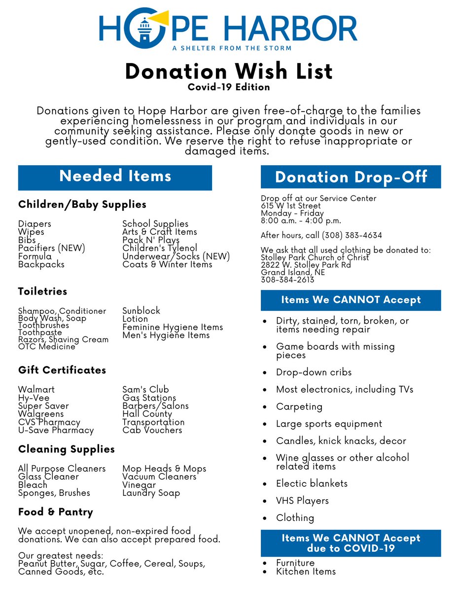 Although we appreciate being considered for your donations, please keep in mind that at this time our priority is to only accept essential basic need items. 

Attached is our COVID-19 Edition of our Donation Wish List, along with a list of what we cannot accept.

Thank you. 💙