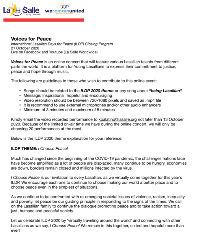 Do you have musical talent that could contribute to this year's International Lasallian Days for Peace? If so, check this out!