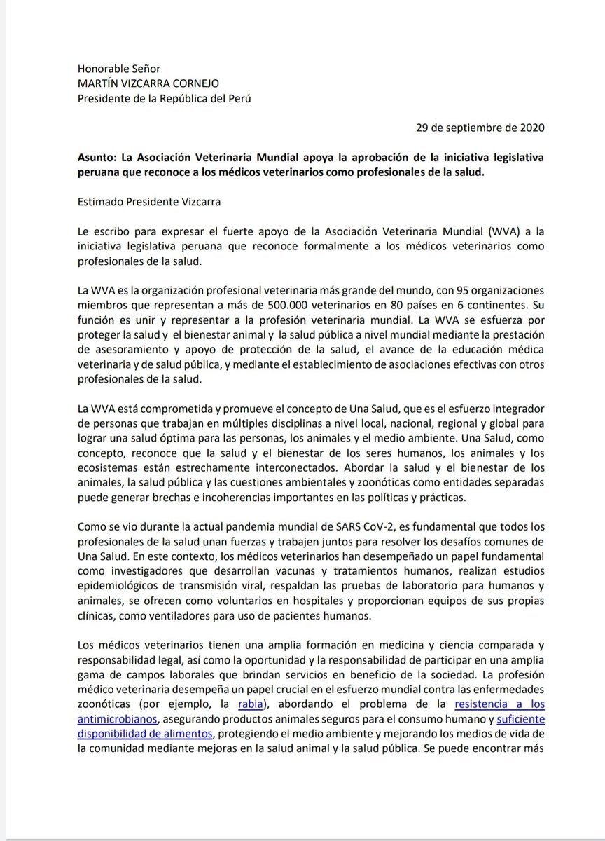 MdicoVe1's tweet photo. #WVA
Asunto: La Asociación Veterinaria Mundial apoya la aprobación de la iniciativa legislativa 
Peruana que reconoce a los Médicos Veterinarios como profesionales de la Salud. https://t.co/oUr5yVudkW