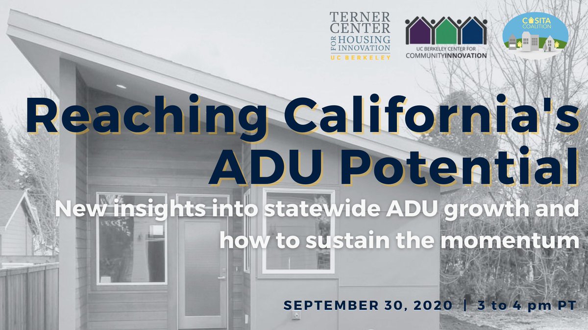 Join us tomorrow! Recent data on ADU growth in CA presented by Karen Chapple and a panel feat. <a href="/BackyardHomePro/">Steve Vallejos</a> at prefabADU, Gary Geiler at City of San Diego, and Erik Preston at Habitat and moderated by Denise Pinkston <a href="/CasitaCoalition/">Casita Coalition</a>.

Register here: ternercenter.berkeley.edu/events/webinar…