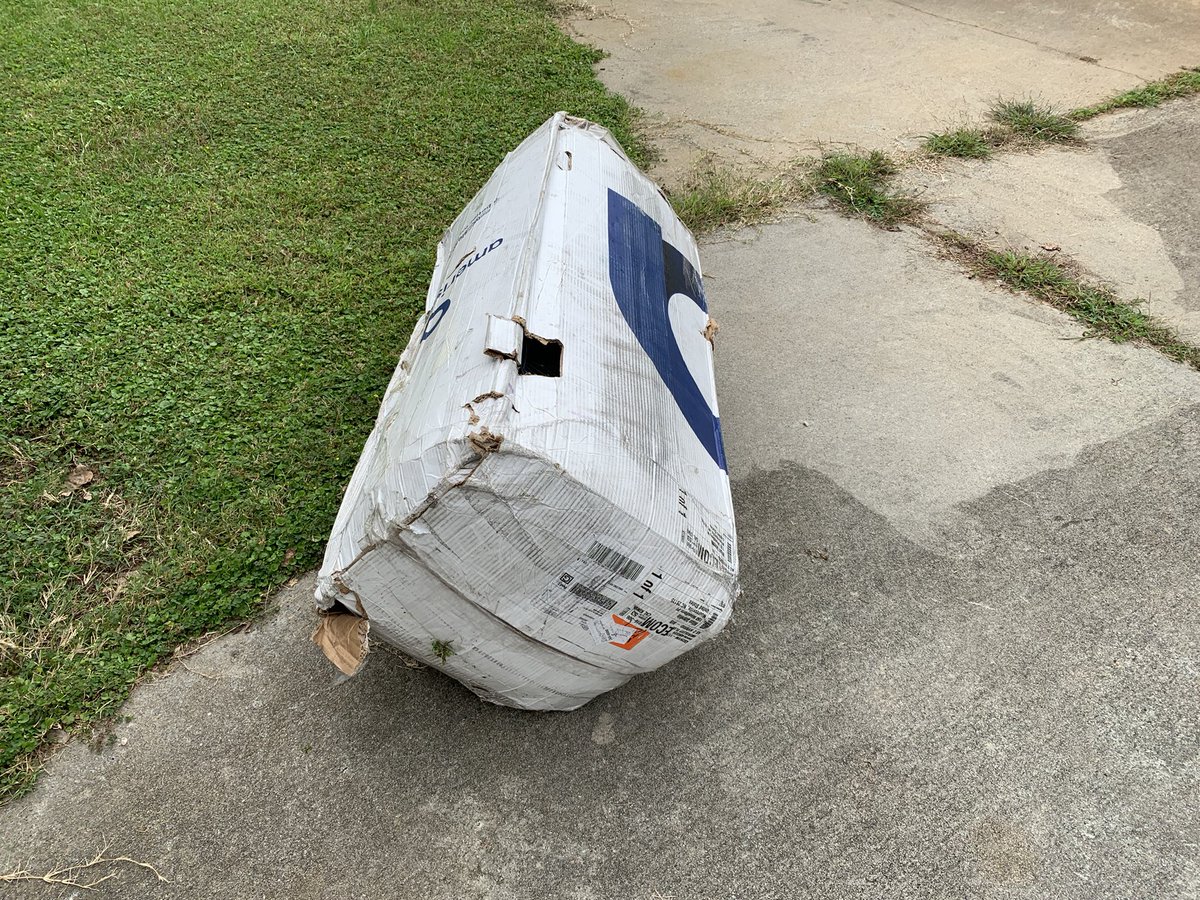 jackiedebellis's tweet photo. @FedEx you may be the worst at delivering packages. First my package sat on your truck for a week and then you delivered my package in a taped up box that looks like it got mangled by a dog. And then you didn’t even drop it at my door you left it by the garbage cans! @FedExHelp https://t.co/P7s6pCPp5K