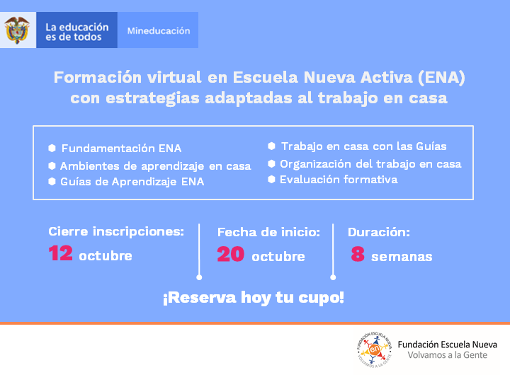 Escuela_Nueva's tweet photo. Si eres docente rural multigrado de básica primaria de Secretarías de Educación de subregiones PDET, esta formación en #EscuelaNuevaActiva es para ti. Completa el curso y recibe un juego de Guías de Aprendizaje ENA. Más información  https://t.co/MZwWoB7Evf https://t.co/yG65WzYpgo