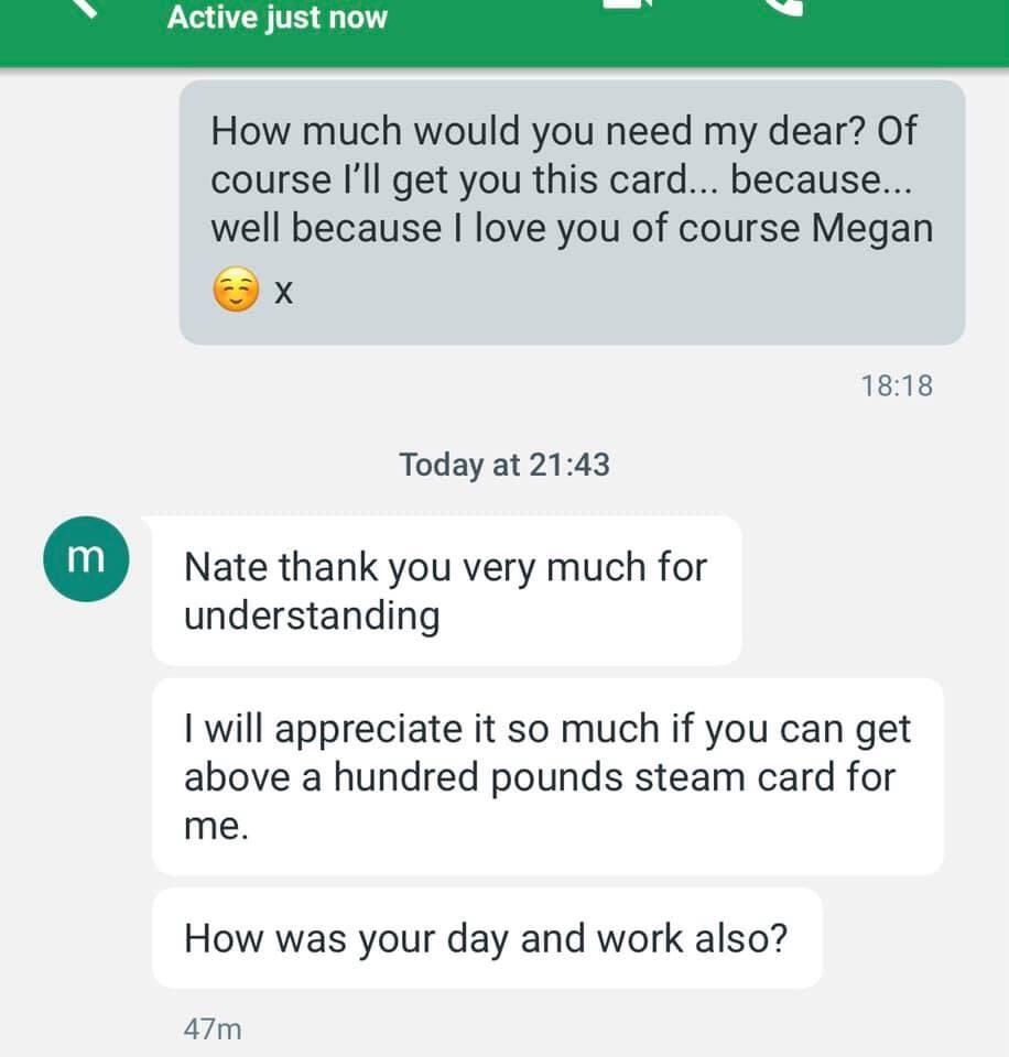 We flirted, we laughed, and we texted sweet nothings to each other - like all lovers do. Then  @meganfox asked for just one simple gift, a  @Steam gift card with a value of £100 - and you know what? I wanted to be the man that could take care of her in her time of need 