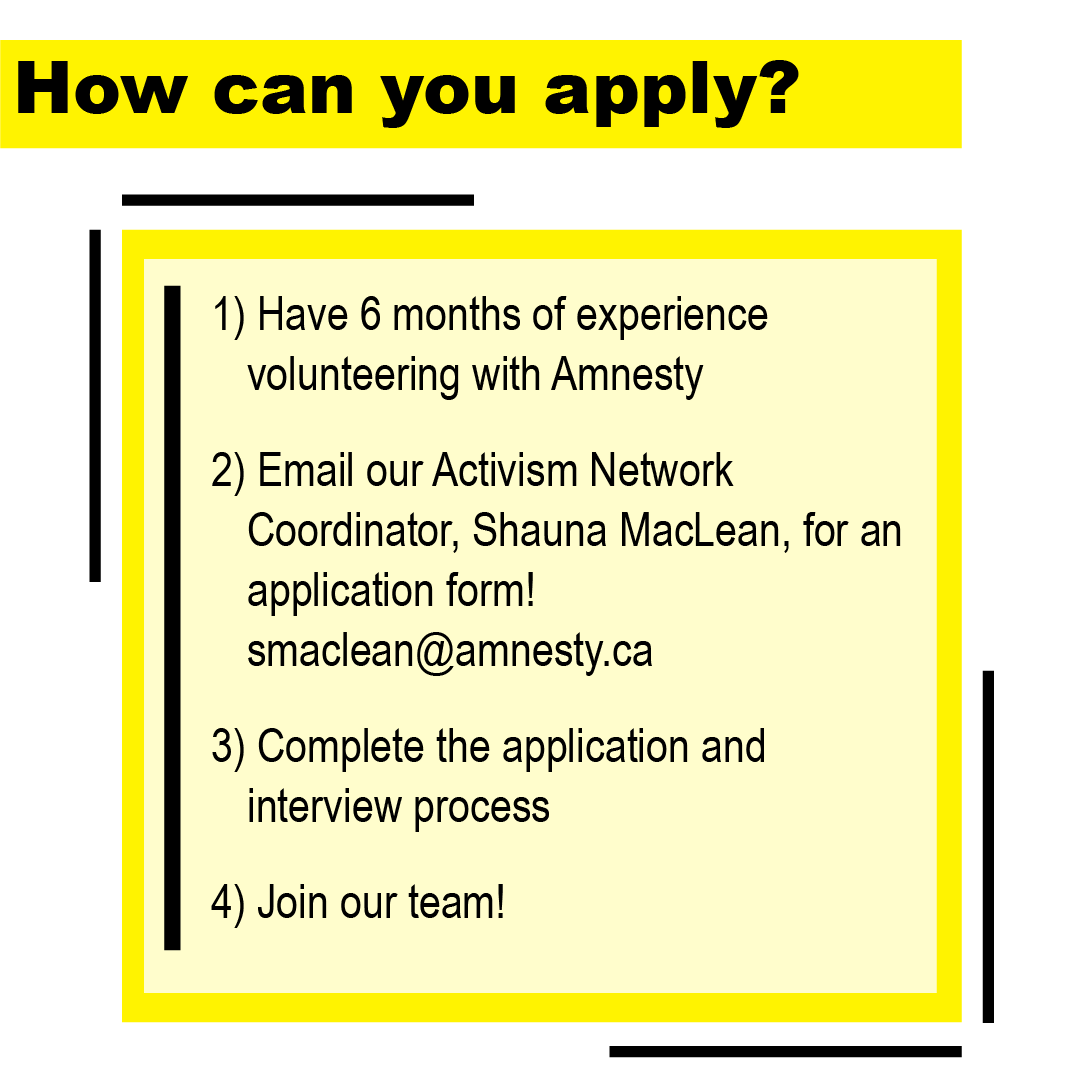 AmnestyToronto's tweet photo. Are you looking for a community of dedicated activists to work and grow with? Apply to join our team! #Amnesty #AmnestyCanada #Canada #Activism #AIFieldworkers https://t.co/XHsHb52hLR