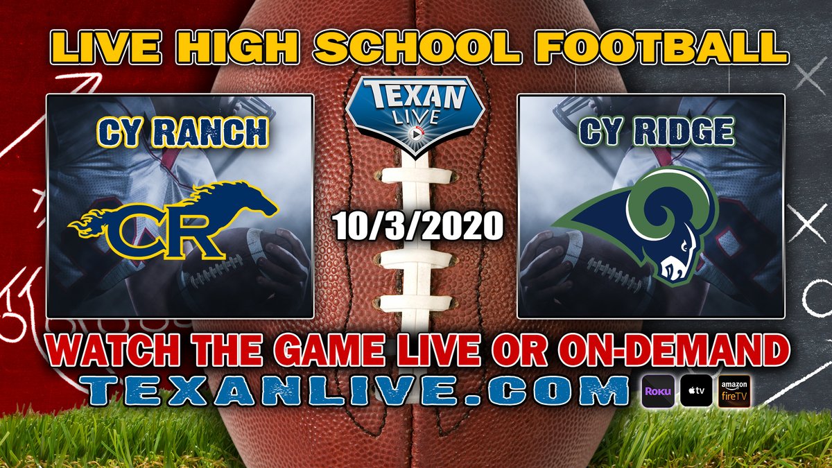 Dave Campbell’s Texan Live - Texanlive.com (@texan_live) on Twitter photo WATCH THIS GAME LIVE
Cy Ridge vs Cy Ranch
Saturday 10/3/2020
Coverage begins at 6:00pm
For the Live Link click here: bit.ly/34c3Qgq
<a href="/cyranchfootball/">Cypress Ranch Football</a> <a href="/CyRidgeRams/">Cy-Ridge Rams</a> <a href="/PridgeonStadium/">Pridgeon Stadium</a>
<a href="/CFISDAthletics/">CFISDAthletics</a> <a href="/ray_zepeda1/">Ray Zepeda</a> <a href="/HoustonChronHS/">Houston Chronicle High School Sports</a> @BobSlovak13 <a href="/abc13sports/">Houston Sports</a> <a href="/joeagleason/">Joe Gleason</a> WATCH THIS GAME LIVE
Cy Ridge vs Cy Ranch
Saturday 10/3/2020
Coverage begins at 6:00pm
For the Live Link click here: bit.ly/34c3Qgq
<a href="/cyranchfootball/">Cypress Ranch Football</a> <a href="/CyRidgeRams/">Cy-Ridge Rams</a> <a href="/PridgeonStadium/">Pridgeon Stadium</a>
<a href="/CFISDAthletics/">CFISDAthletics</a> <a href="/ray_zepeda1/">Ray Zepeda</a> <a href="/HoustonChronHS/">Houston Chronicle High School Sports</a> @BobSlovak13 <a href="/abc13sports/">Houston Sports</a> <a href="/joeagleason/">Joe Gleason</a>
