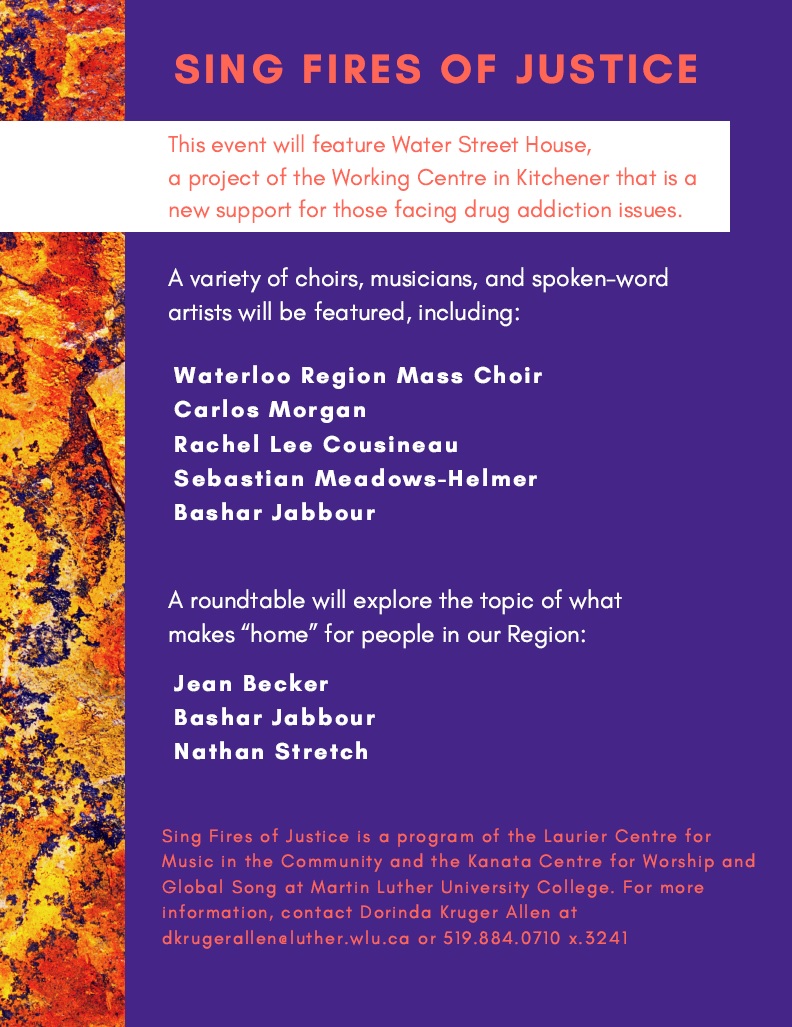 #SingFiresofJustice an annual multifaith festival of song and word that promotes social justice, is now in its 15th year.

Join 📌Sun. Oct. 4 at 7:00 p.m. online to hear from guests including <a href="/wrmasschoir/">Waterloo Region Mass Choir</a> <a href="/CarlosMorgan/">تذكرتك || Tickets 🎫🎟️</a> <a href="/BasharJabbour/">Bashar Jabbour</a> and more! 

Contact Dorinda for online details