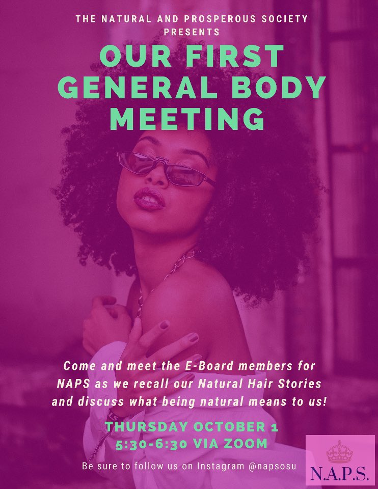 NAPSosu's tweet photo. Hey Naturals! Join us this Thursday via Zoom for a discussion on natural hair, product discussion, story-telling, and a chance to meet our E-Board members! 💕

Meeting ID: 981 5572 5031
Password: prosperous https://t.co/RgsP5c3zNm