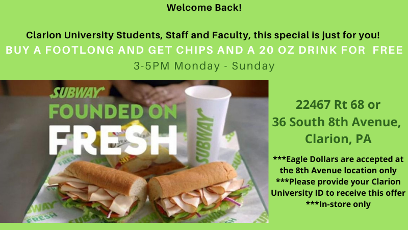 SubwayClarion's tweet photo. @clarionu  This one's for you!  Welcome Back is going on through October! https://t.co/4Ppg1mdsEv